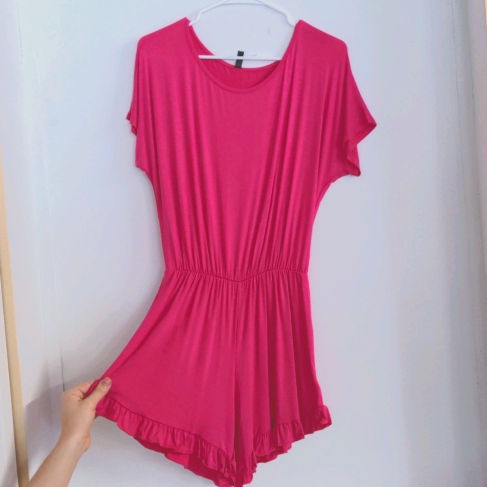 Pink stretchy shorts romper S 4 6 M 8 10 one piece summer